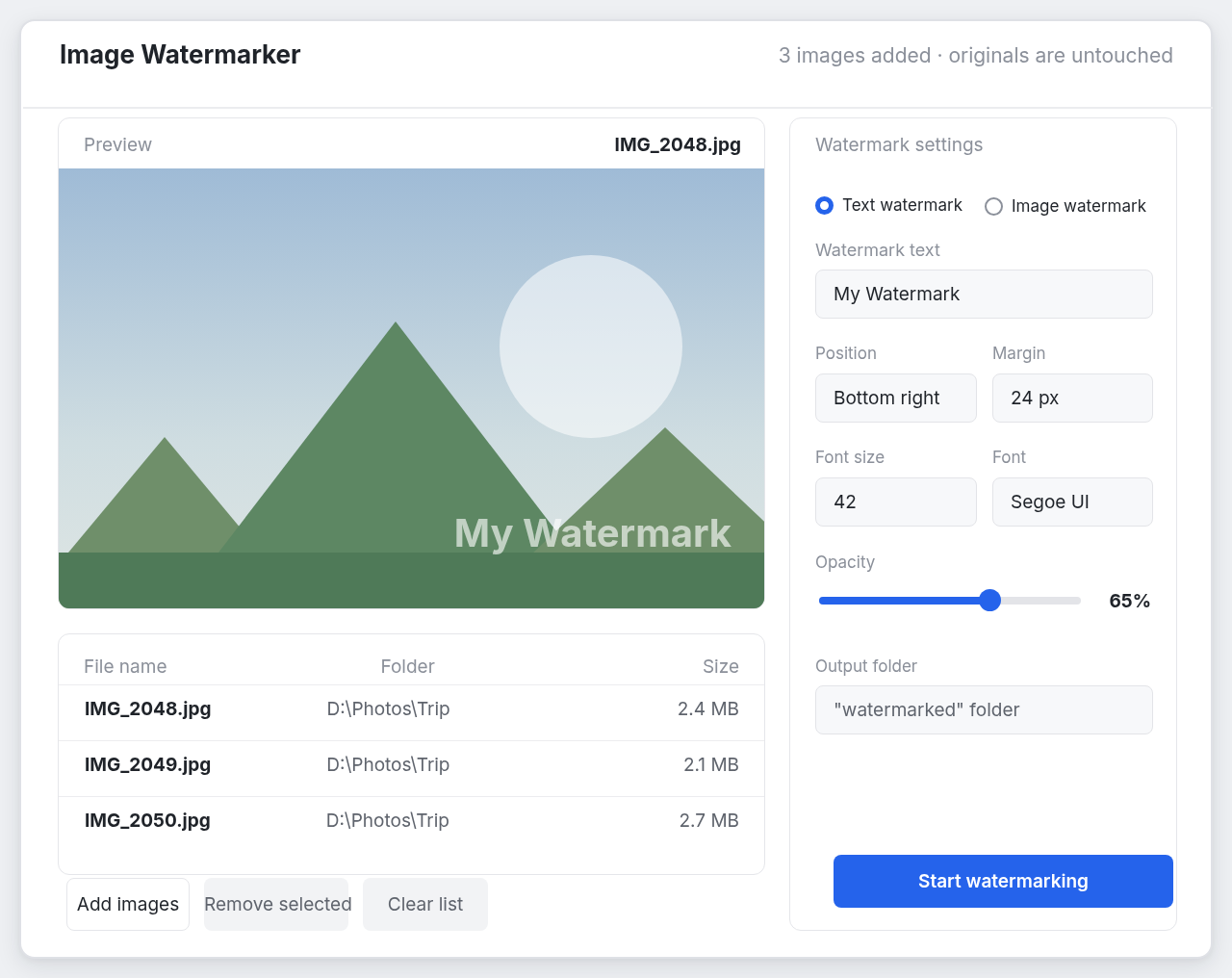 Image Watermarker desktop app on Windows